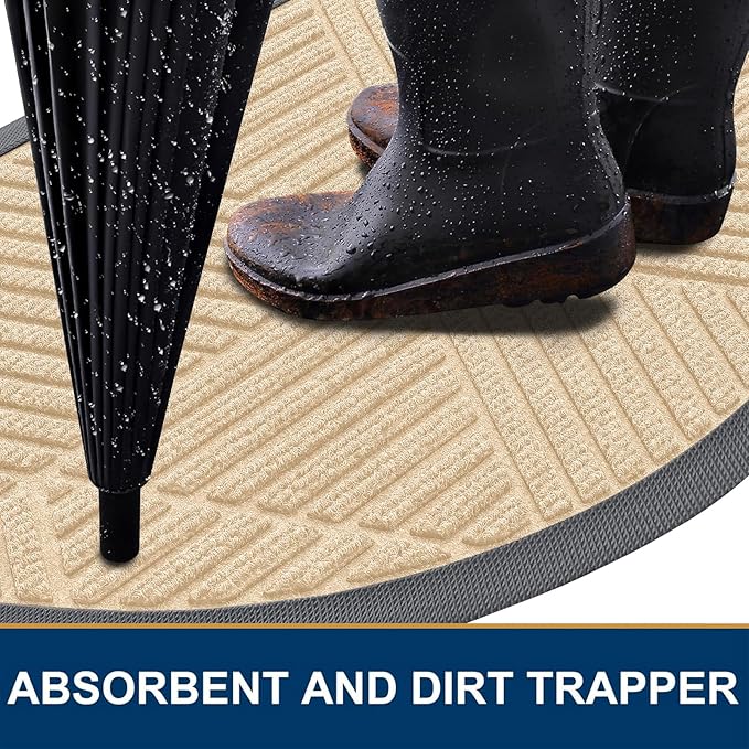 Smiry Half Circle Front Door Mat Outside Entrance, Heavy Duty Sturdy Natural Rubber Doormat, Trap Dirt and Moisture, Low Profile Mats for Indoor Outdoor Entry, Irregular Triangle (36x24, Beige)