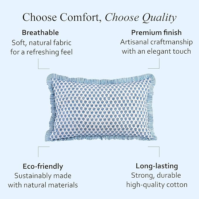 CPC Apatite Blue 100% Cotton Block Print Ruffle Sham Cover 20X30 inch Pack of 2, Handmade Boho Floral Pillowcase, Soft Decorative Lumar Cushion Cover for Bedroom Décor