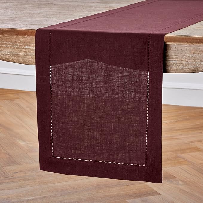 Solino Home Linen Burgundy Table Runner 120 Inches Long - 100% Pure Linen 14 x 120 Inch Table Runner for Christmas, Holiday, Winter, New Year - Classic Hemstitch