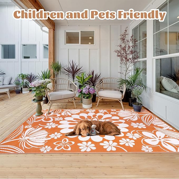 Ileading Outdoor Plastic Straw Rug 6x9ft Funny Floral Style Reversible Patio Area Rugs Waterproof Non Shedding Portable Carpets for Rv Outside Deck Pool Beach Picnic Camping (Orange)