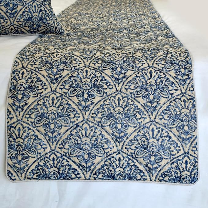 The HomeCentric King/Queen/Twin Blue Designer CA King 86"x18" Bed Runner Without Pillow Cover, Embroidery, Quilted Bed Scarf on Cotton Fabric - Farzeen Blue