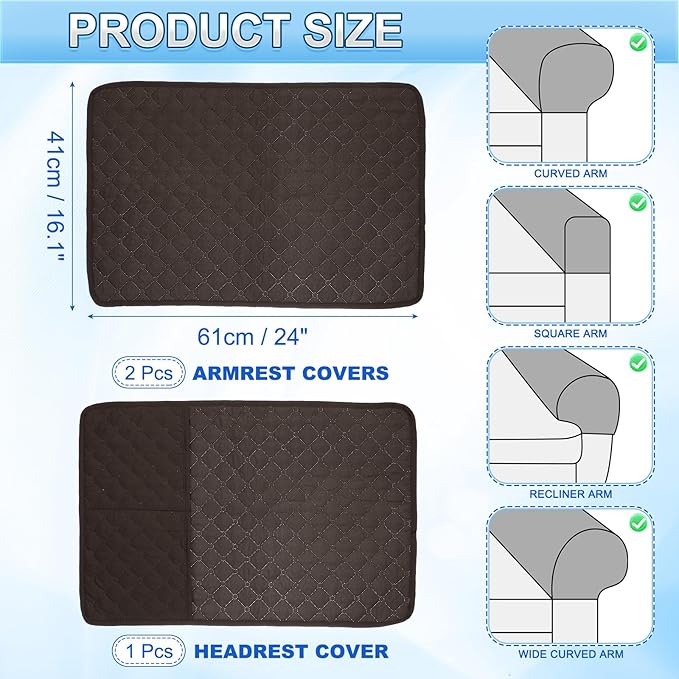 uxcell 3 PCS Armrest Covers, Couch Arm Cover Furniture Protect Slide Recliner Chair Armchair Covers with Side Storage Pocket for Sofa Recliner, Coffee