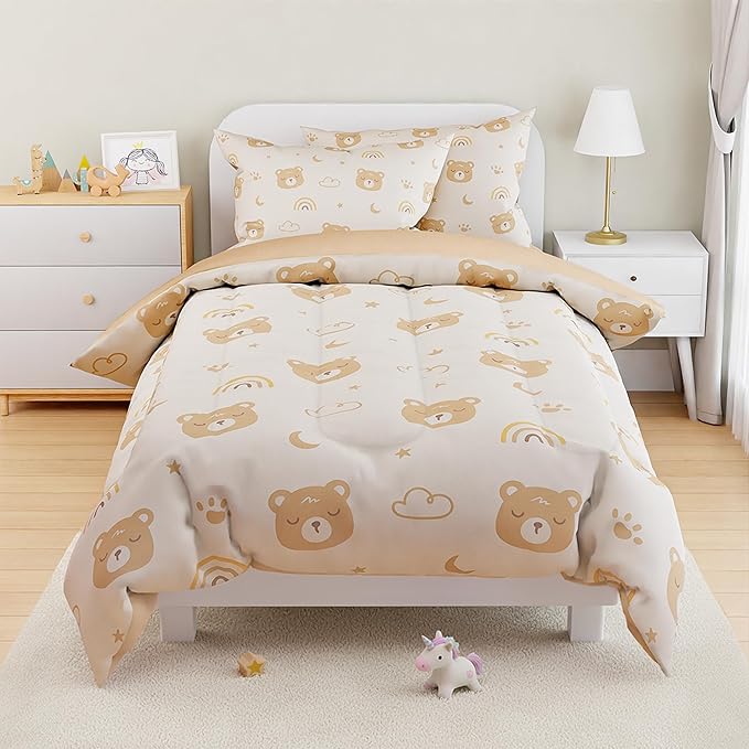 SANDJEST Bear Comforter Set Twin Size 68x86in for Kids Boys Girls Unisex, Microfiber 3 Pcs Bedding Set Includes 1 Comforter, 1 Pillowcase, 1 Fitted Sheet, Nursery Room Decor