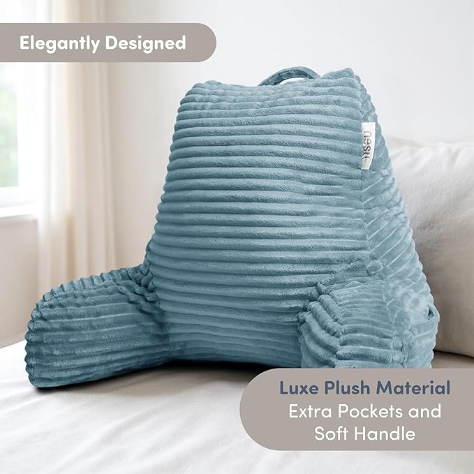 Nestl Reading Pillow with Shredded Memory Foam, Luxe Cut Plush Back Pillow for Sitting Up in Bed, Back and Arms Adjustable Support for Adult & Teens, Backrest Pillows with Washable Cover Stone Blue