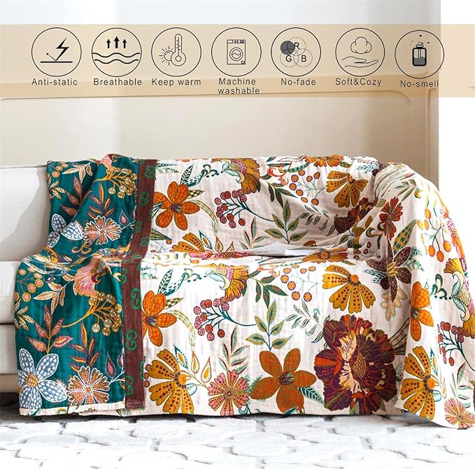 Fall Throw Blanket for Couch Bed Chair, 100% Cotton Muslin Breathable Woven Throws 60''x 80'' Boho Vintage Quilt for All Seasons Warm Lightweight Farmhouse Blankets Home Decoration