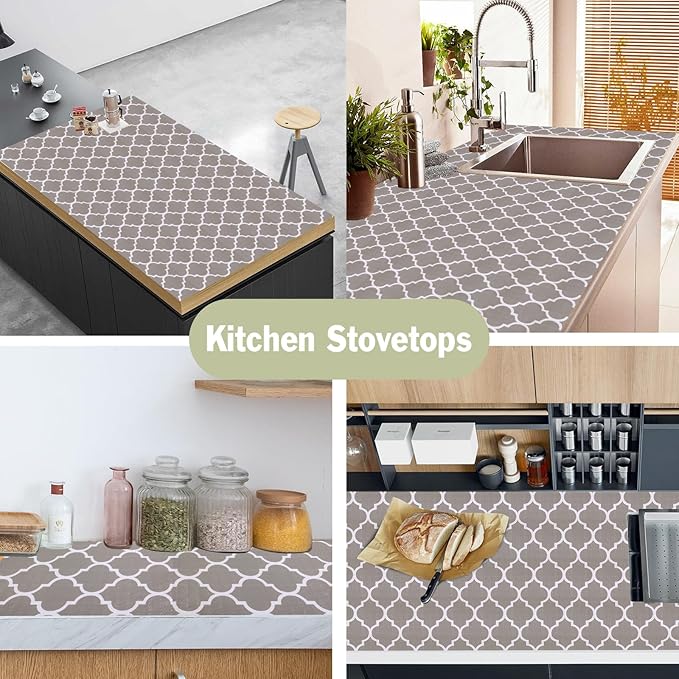 Drawer and Shelf Liner for Kitchen Cabinet: 12 in X 30 Ft Non Slip Waterproof Shelf Paper Non Adhesive Refrigerator Liners Gray Quatrefoil Easy Liners for Bathroom Cupboard with Knife Tape Measure