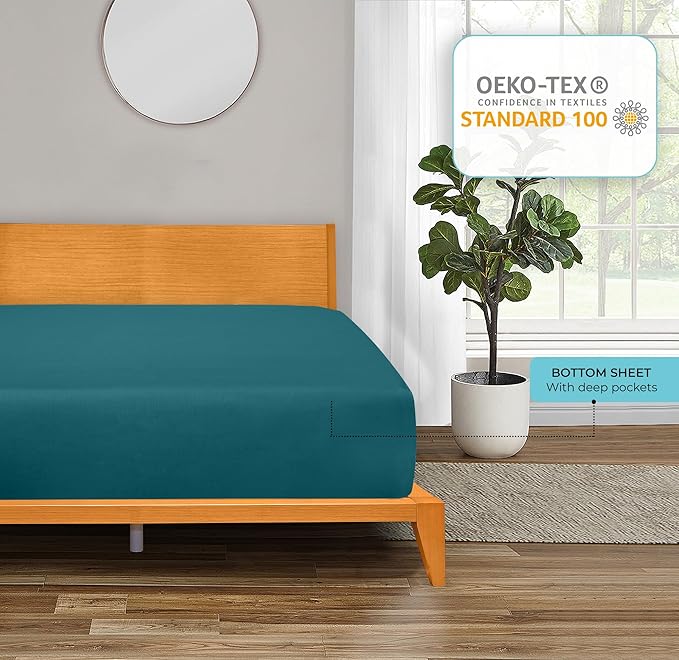 ROYALE LINENS 300 Thread Count 100% Long Staple Combed Cotton Fitted Sheet Twin XL - Super Soft Deep Pocket Bottom Sheet - Fitted Sheets Only - Elastic Sheets (Twin XL, Teal)
