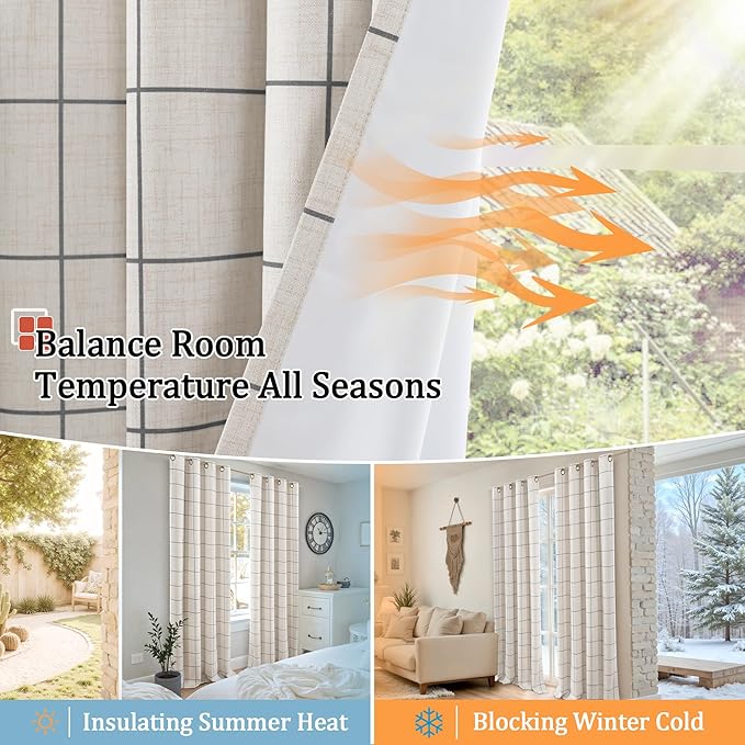 Linen Blackout Curtains for Bedroom - Boho Plaid Curtains Thermal Insulated, Pattern Printed Cottage Rustic Drapes Window Treatments for Farmhouse, 52x63 Inch 2 Panels, Dark Grey