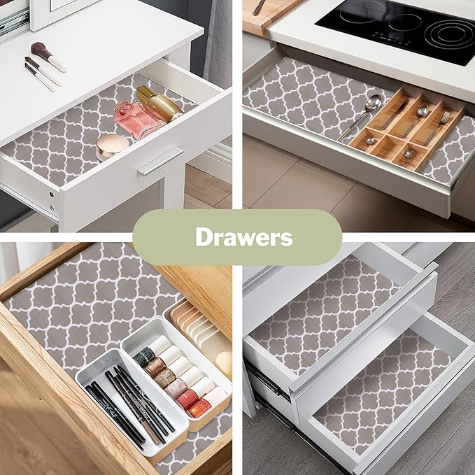 Drawer and Shelf Liner for Kitchen Cabinet: 23.6 in X 20 Ft Non Slip Waterproof Shelf Paper Non Adhesive Refrigerator Liners Gray Quatrefoil Easy Liners for Bathroom Cupboard with Knife Tape Measure