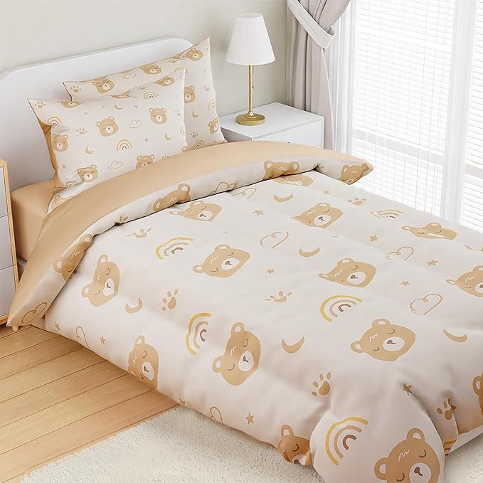 SANDJEST Bear Comforter Set Twin Size 68x86in for Kids Boys Girls Unisex, Microfiber 3 Pcs Bedding Set Includes 1 Comforter, 1 Pillowcase, 1 Fitted Sheet, Nursery Room Decor