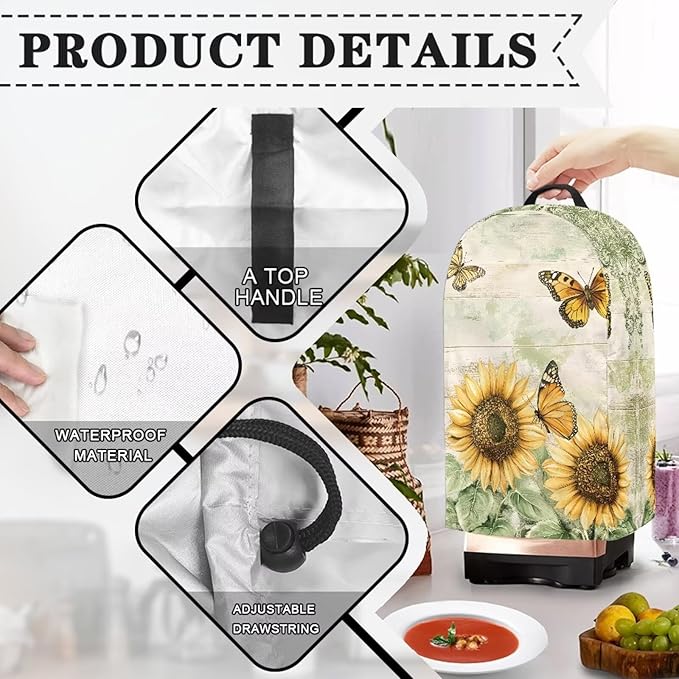 Sunflower Butterfly Art Blender Cover Turtle Mixer Hood Cover Dust Cover Washable Appliance Cloth Protector with Top Handle Proof with Durable Handle