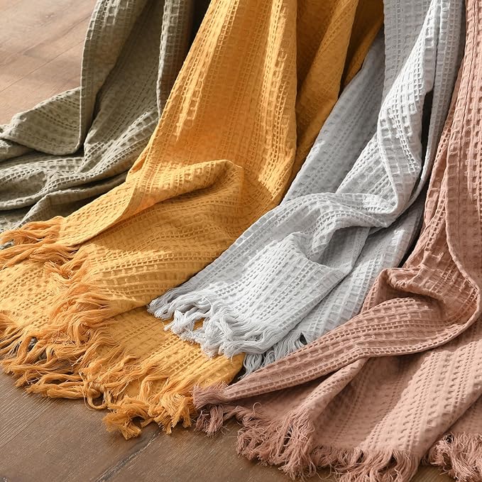 100% Cotton Waffle Queen Blanket with Fringe 90"x90", Pre-Washed Waffle Weave Blanket for All Season, Lightweight Breathable Soft Cozy Throw Blanket for Couch, Bed, Travel (Light Grey)
