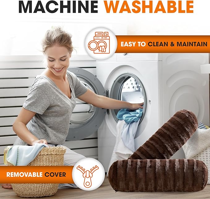 Cheer Collection Faux Fur Bolster Pillows – Soft Decorative Cylinder Pillows for Bed or Couch, Machine Washable – 8” x 24”, Set of 2, Choco