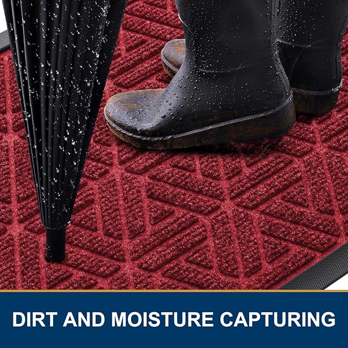 Smiry Front Door Mat Outside Entrance, Heavy Duty Sturdy Natural Rubber Doormat, Trap Dirt and Moisture, Easy Clean Low Profile Mats for Indoor Outdoor Entry, Grid Geometric (29.5x17, Wine Red)