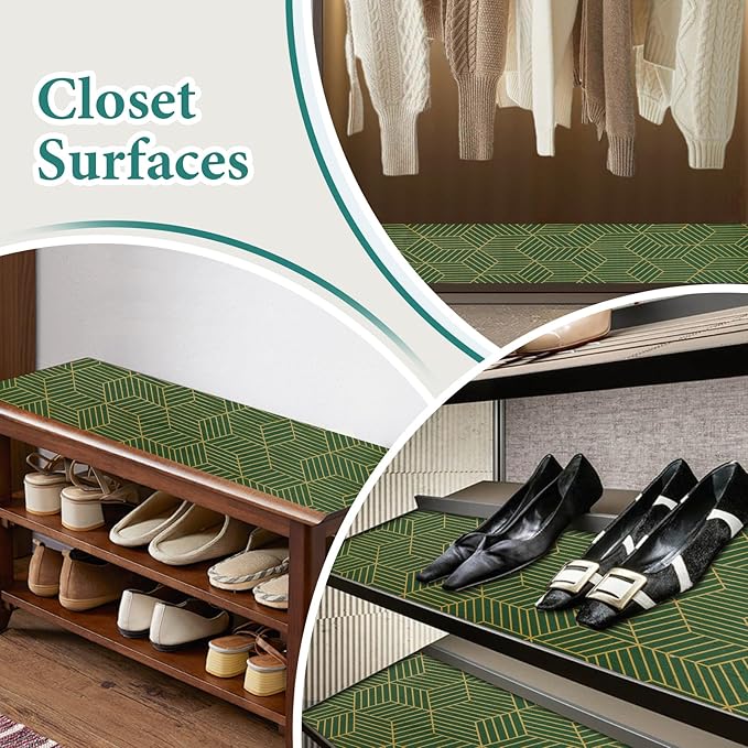 Shelf Liners for Kitchen Cabinets 12in x 30FT, Non Adhesive Cabinet Liner Strong Non-Slip Thickened Gold Green Geometric Drawer Liner, Easy to Clean for Shelf, Cabinet with Knife and Tape Measure