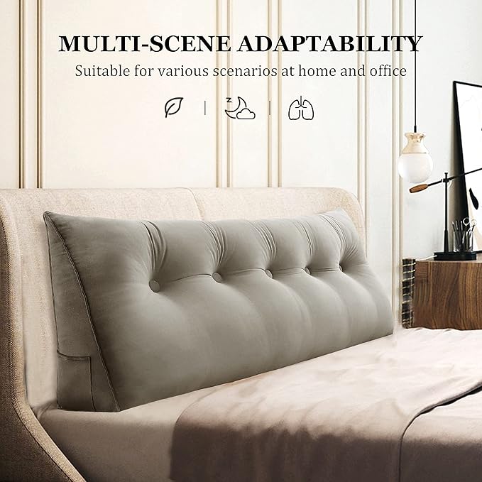 Wedge Headboard Pillow Dorm Room Reading Pillow Back Support for Sitting Up in Bed Bolster Lumbar Cushion Body Positioning Bedrest Velvet 59in Light Tan Queen