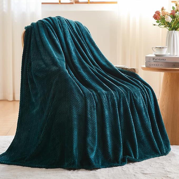 NEWCOSPLAY Super Soft Twin Blanket Dark Teal Premium Silky Flannel Fleece Leaves Pattern Lightweight Bed Blanket All Season Use (Dark Teal, Twin(60"x80"))