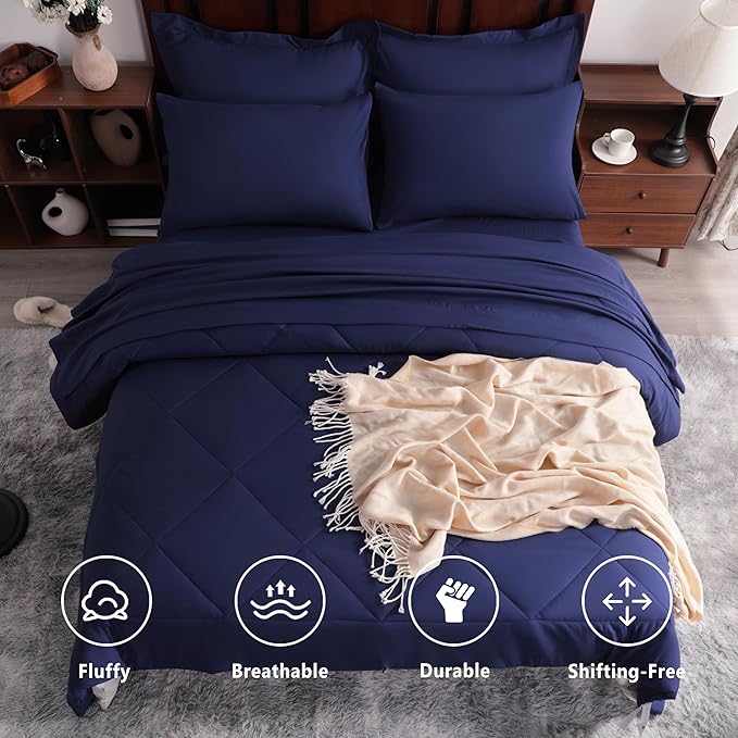 NTBAY King Comforter Set with Sheets, 7 Pieces Soft and Breathable King Bedding Set, Bed in a Bag, Down Alternative Comforter Set Solid Color All Season, Navy Blue