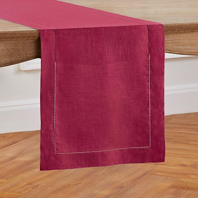 Solino Home Linen Beet Table Runner 144 Inches Long - 100% Pure Linen Extra Long Table Runner 14 x 144 Inch for Christmas, New Year - Classic Hemstitch
