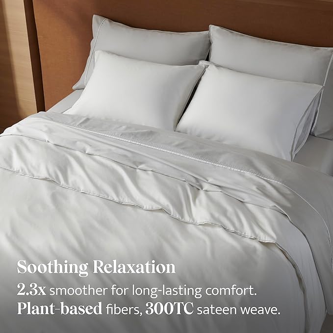 Double Stitch Cotton Tencel Duvet Cover - Queen Size Comforter Cover, Luxury & Soft Eucalyptus Lyocell Bedding for Hot Sleepers, Cooling & Breathable, Button Closure, Bright White Contrast, 90"x90"