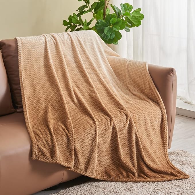 NEWCOSPLAY Super Soft Throw Blanket Ombre Brown Premium Silky Flannel Fleece Leaves Pattern Lightweight Bed Blanket All Season Use (Ombre Brown, Throw(50"x60"))