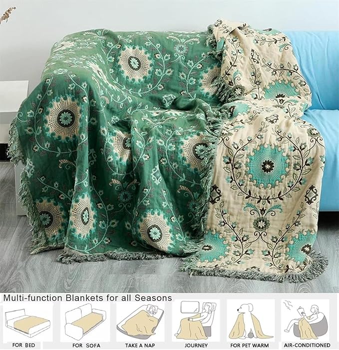 MSGKV Green Boho Throw Blanket for Bed Couch,100% Cotton Mexican Picnic Blankets Travel Blanket 80''x 90'', Super Soft Lightweight Muslin Blanket for Bedroom Living Room Boho Decor