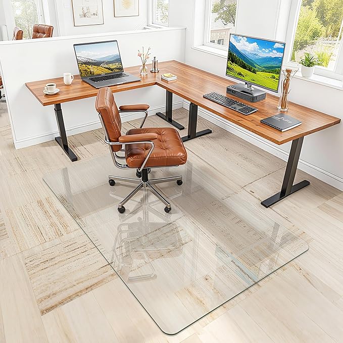 Office Chair Mat for Carpet & Hardwood, Upgraded 48" x 72" Tempered Glass Chair Mat for Office Home, with 4 Anti-Slip Pads
