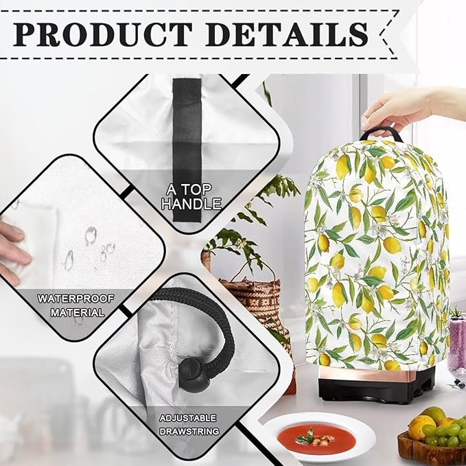 Lemon Leaf Pattern Art Blender Cover Turtle Mixer Hood Cover Dust Cover Washable Appliance Cloth Protector with Top Handle Proof with Durable Handle