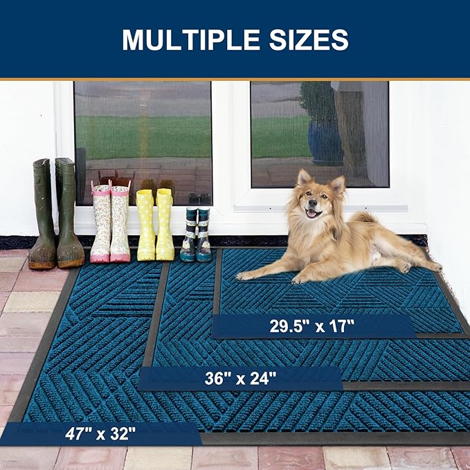 Smiry Front Door Mat Outside Entrance, Heavy Duty Sturdy Natural Rubber Doormat, Trap Dirt and Moisture, Easy Clean Low Profile Mats for Indoor Outdoor Entry, Irregular Triangle (36x24, Mixed Blue)