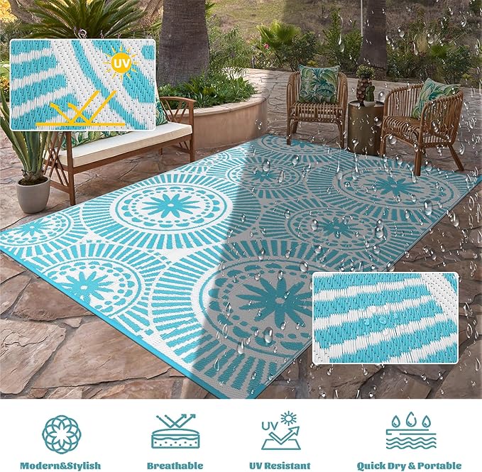 Ileading Large Plastic Outdoor Rug 8x10ft Modern Geometric Style Reversible Patio Area Rugs Waterproof Non Shedding Portable Carpets for Rv Outside Deck Pool Beach Picnic Camping (Teal)