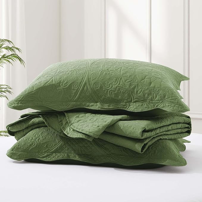 IR Imperial Rooms Twin Quilt Bedding Set Size (68” x 86”) + 1 Pillow Shams (20” x 26” + 2”) - 2 Pcs All Season Lightweight Reversible Microfiber Coverlet Floral Embossed Quilt Bedspread (Olive Green)