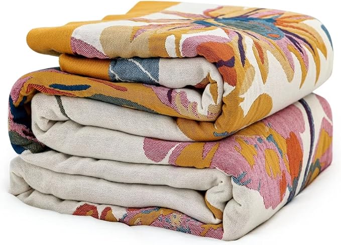 MSGKV 100% Cotton Throw Blanket for Bed Couch Fall 90''x 98'' Super Soft Muslin Blankets Warm Boho Quilt Lightweight Farmhouse Decorative Bed Blankets