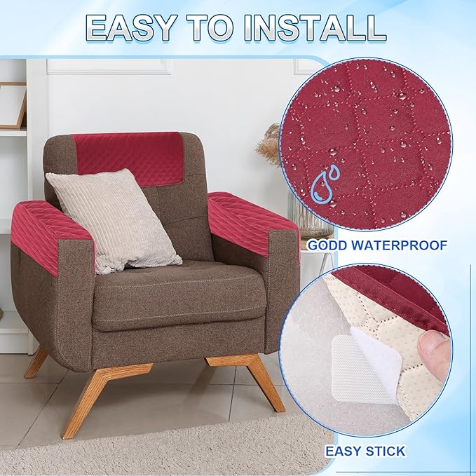 uxcell 3 PCS Armrest Covers, Couch Arm Cover Furniture Protect Slide Recliner Chair Armchair Covers with Side Storage Pocket for Sofa Recliner, Red