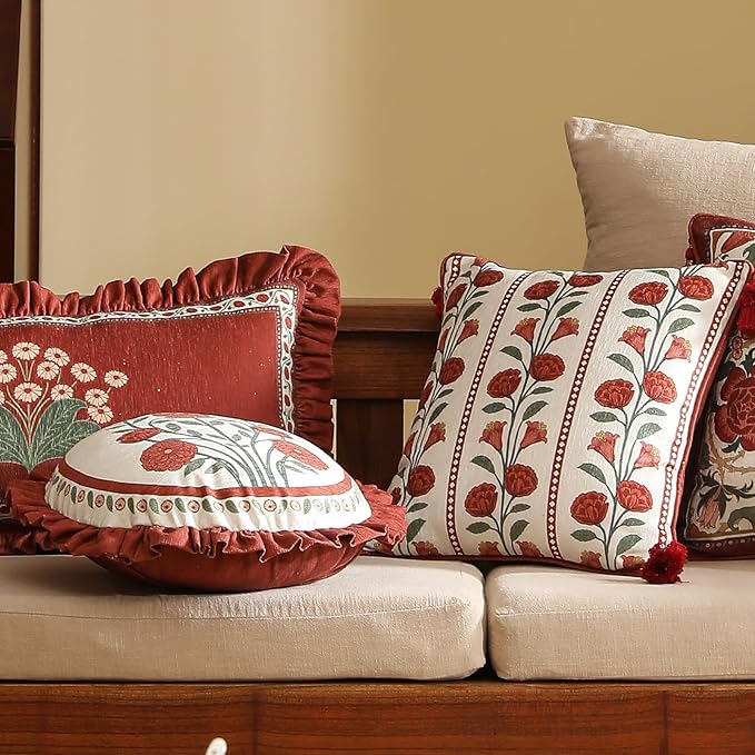 Rectangle Throw Pillow Covers,Red Cozy Velvet with Leaves and Floral Pattern Pillowcases,Decoration Long Lumbar Pillows Cushion Covers for Living Room Couch Sofa Bed Car Chair,12"x28"