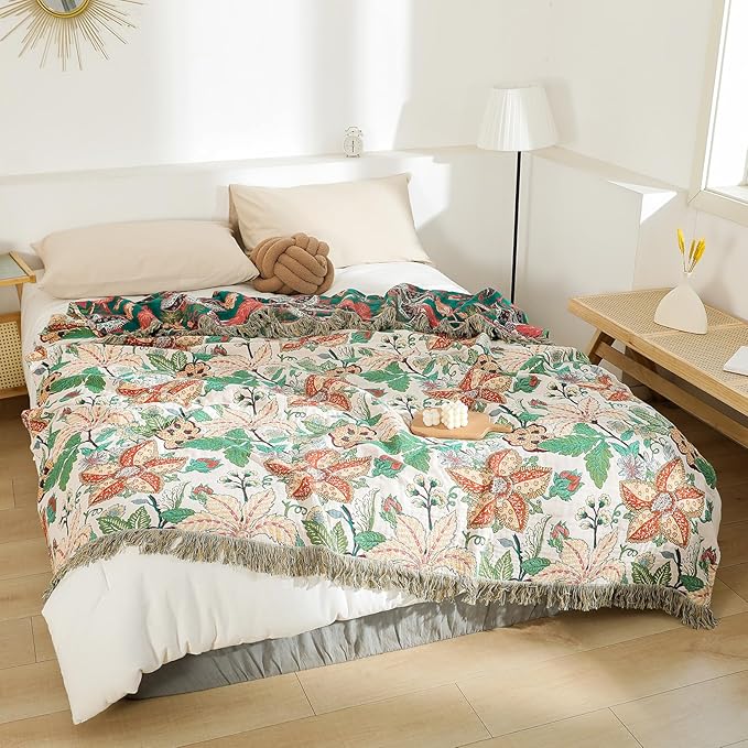 MSGKV Boho Throw Blanket for Couch Chair 100% Cotton Embroidery Floral Blanket 50"x60" Sofa Blankets for All Seasons Lightweight Farmhouse Muslin Breathable Bed Blankets Home Decor