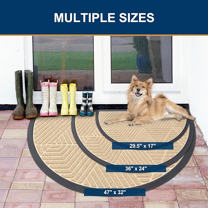 Smiry Half Circle Front Door Mat Outside Entrance, Heavy Duty Sturdy Natural Rubber Doormat, Trap Dirt and Moisture, Low Profile Mats for Indoor Outdoor Entry, Irregular Triangle (36x24, Beige)