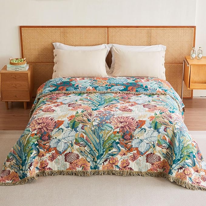 MSGKV Boho Throw Blanket for Bed Twin Size 100% Cotton Floral Blanket 60"x80" for Sofa Couch Muslin Breathable All Seasons Farmhouse Lightweight Blankets Home Decor