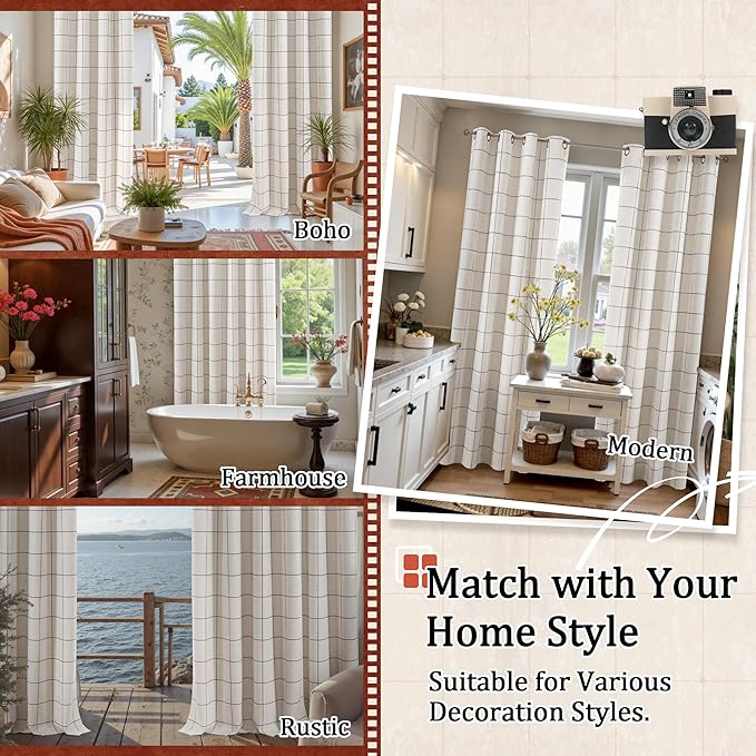 Linen Blackout Curtains for Bedroom - Boho Plaid Curtains Thermal Insulated, Pattern Printed Cottage Rustic Drapes Window Treatments for Farmhouse, 52x63 Inch 2 Panels, Dark Grey