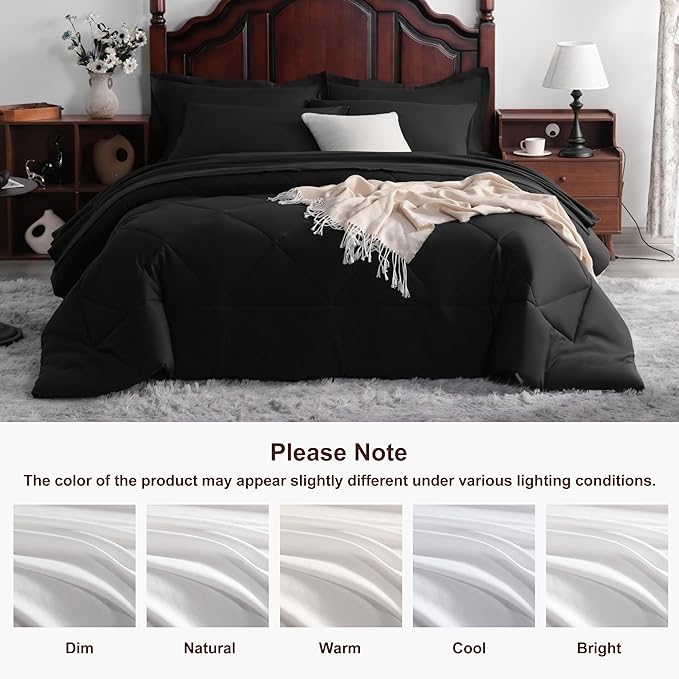 NTBAY Queen Comforter Set with Sheets, 7 Pieces Soft and Breathable Queen Bedding Set, Bed in a Bag, Down Alternative Comforter Set Solid Color All Season, Queen Bedding Set, Black