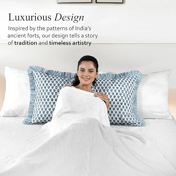 CPC Apatite Blue 100% Cotton Block Print Ruffle Sham Cover 20X36 inch Pack of 2, Handmade Boho Floral Pillowcase, Soft Decorative King Bed Pillow Cover for Bedroom Décor