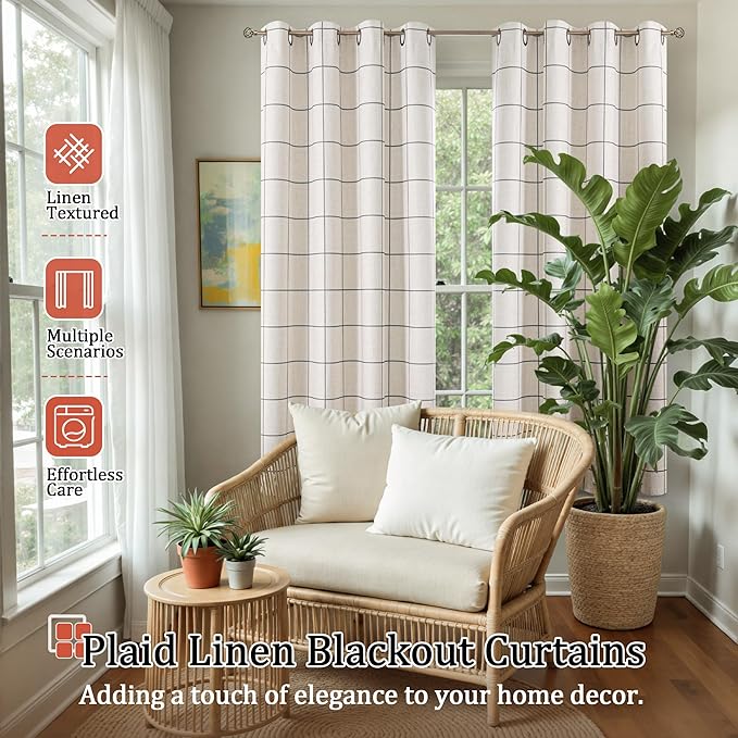 Linen Blackout Curtains for Bedroom - Boho Plaid Curtains Thermal Insulated, Pattern Printed Cottage Rustic Drapes Window Treatments for Farmhouse, 52x63 Inch 2 Panels, Dark Grey