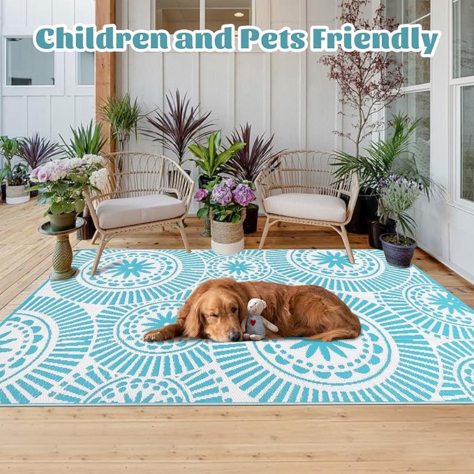 Ileading Reversible Plastic Outdoor Rug Modern Geometric Style Straw Mat, Waterproof Patios Carpet 6x9ft Non Shedding Portable Decor Area Rugs for Deck RV Picnic Beach Backyard (6' x 9'Teal)