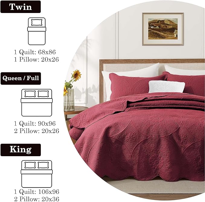 IR Imperial Rooms Twin Quilt Bedding Set Size (68” x 86”) + 1 Pillow Shams (20” x 26” + 2”) - 2 Pcs All Season Lightweight Reversible Microfiber Coverlet Floral Embossed Quilt Bedspread (Burgundy)