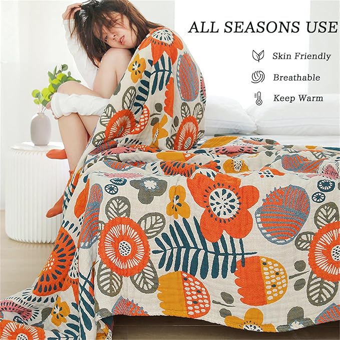 Boho Throw Blanket 60''x80'' for Bed Couch, Floral Muslin Bed Blankets Boho Quilt Travel Mexican 100% Cotton Super Soft Fall Blanket Picnic Blankets