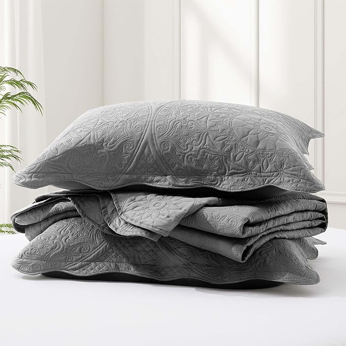 IR Imperial Rooms King Quilt Bedding Set Size (106" x 96") + 2 Pillow Shams (20" x 36"+ 2") - 3 Pcs All Season Lightweight Reversible Microfiber Coverlet Floral Embossed Quilt Bedspread (Grey)