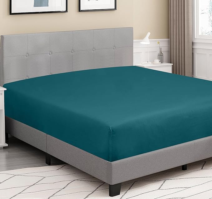 ROYALE LINENS 300 Thread Count 100% Long Staple Combed Cotton Fitted Sheet Full - Super Soft Deep Pocket Bottom Sheet - Fitted Sheets Only - Elastic Sheets (Full, Teal)