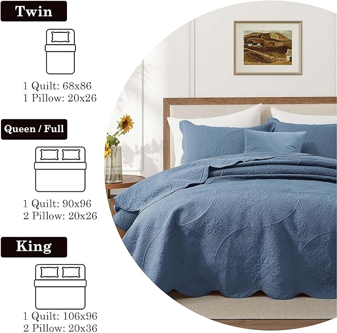 IR Imperial Rooms King Quilt Bedding Set Size (106" x 96") + 2 Pillow Shams (20" x 36"+ 2") - 3 Pcs All Season Lightweight Reversible Microfiber Coverlet Floral Embossed Quilt Bedspread (Light Blue)