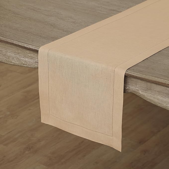 Solino Home Linen Table Runner 36 Inches - 100% Pure Linen Beige Hemstitch Table Runner 14 x 36 Inch Ideal for Dresser and Coffee Tables - Christmas, New Year - Classic Hemstitch