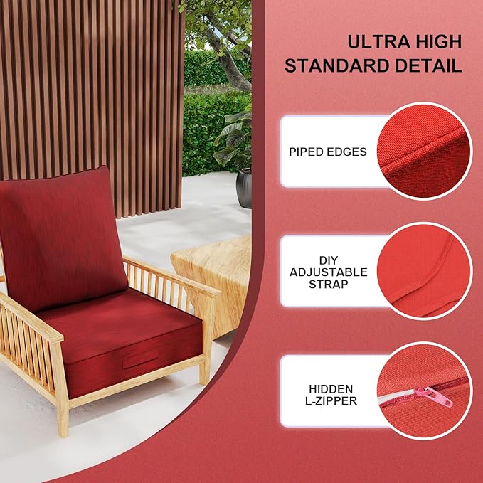 Outdoor Olefin Water-Resistant Deep Seat Cushion Set, 2PCS Weather and Fade Resistant 23''x 26''x 6'' Patio Furniture Seat Cushion, Thickened Sofa Chair Pad for Lawn, Garden, Red