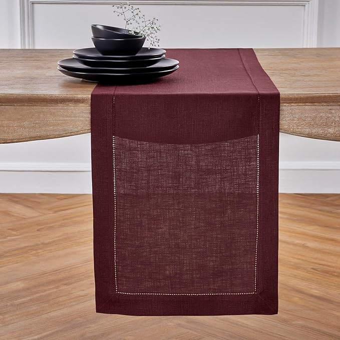 Solino Home Linen Burgundy Table Runner 144 Inches Long - 100% Pure Linen Extra Long Table Runner 14 x 144 Inch for Christmas, Holiday, Winter, New Year - Classic Hemstitch
